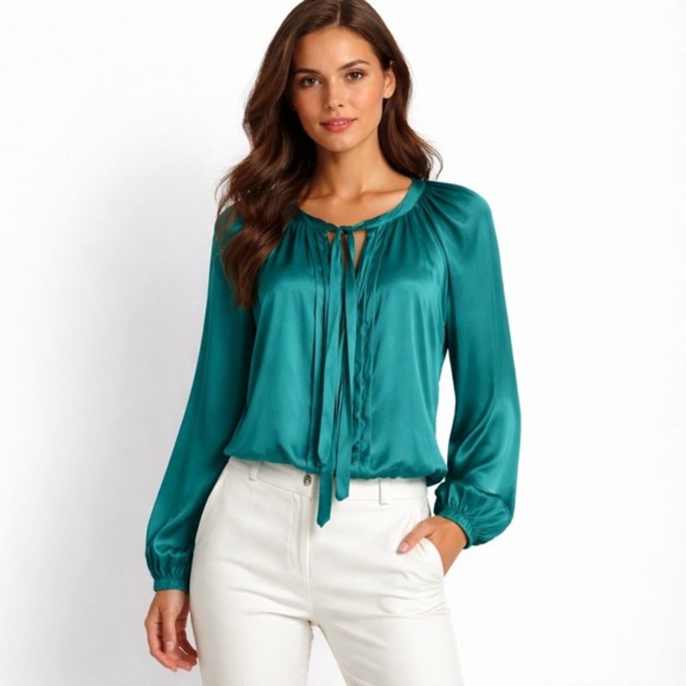 Willi Smith Emerald Green Satin Tie Neck Pleated Blouse S Fairycore Preppy 73-49